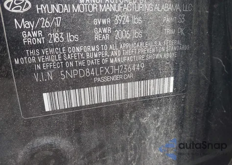 2018 Hyundai Elantra Sel z USA, uszkodzony, nr VIN 5NPD84LFXJH236449